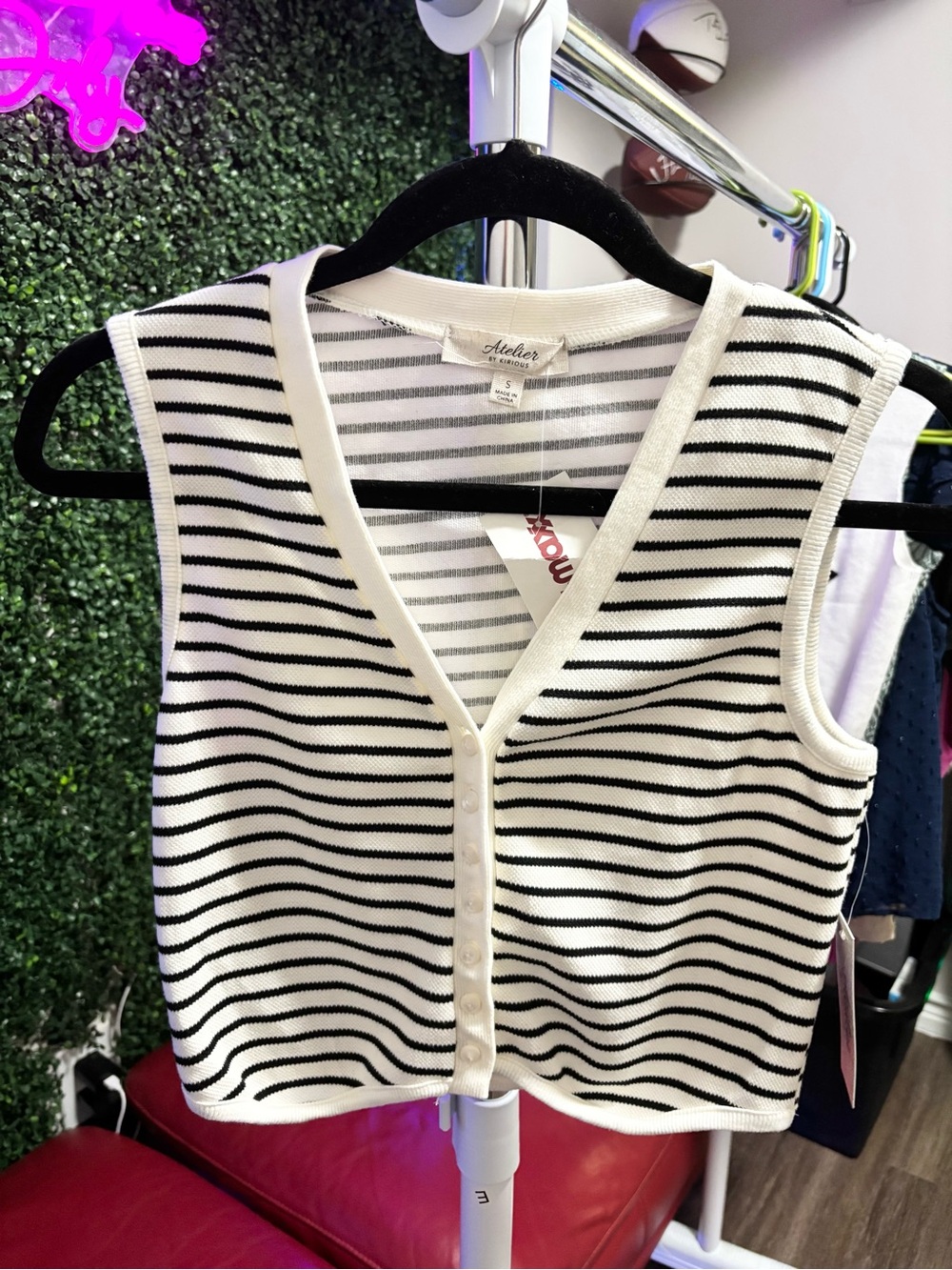 Atelier Sona Black and White Striped Sleeveless Crop Cardigan